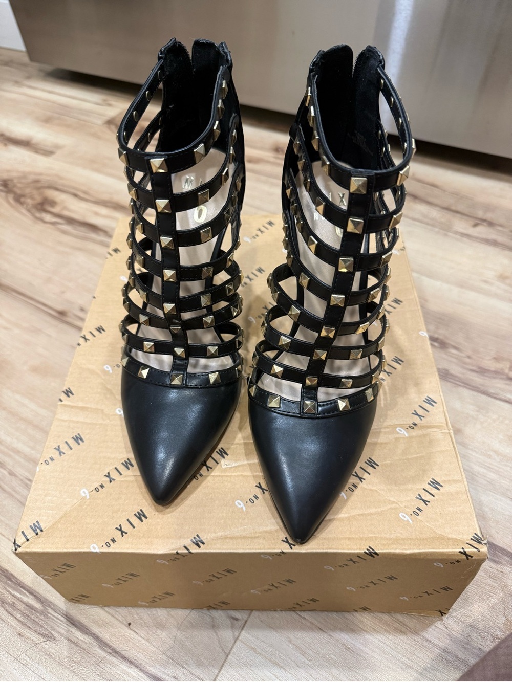 Mix No. 6 Black Studded Cage Pointed-Toe Heels, WORN ONCE!